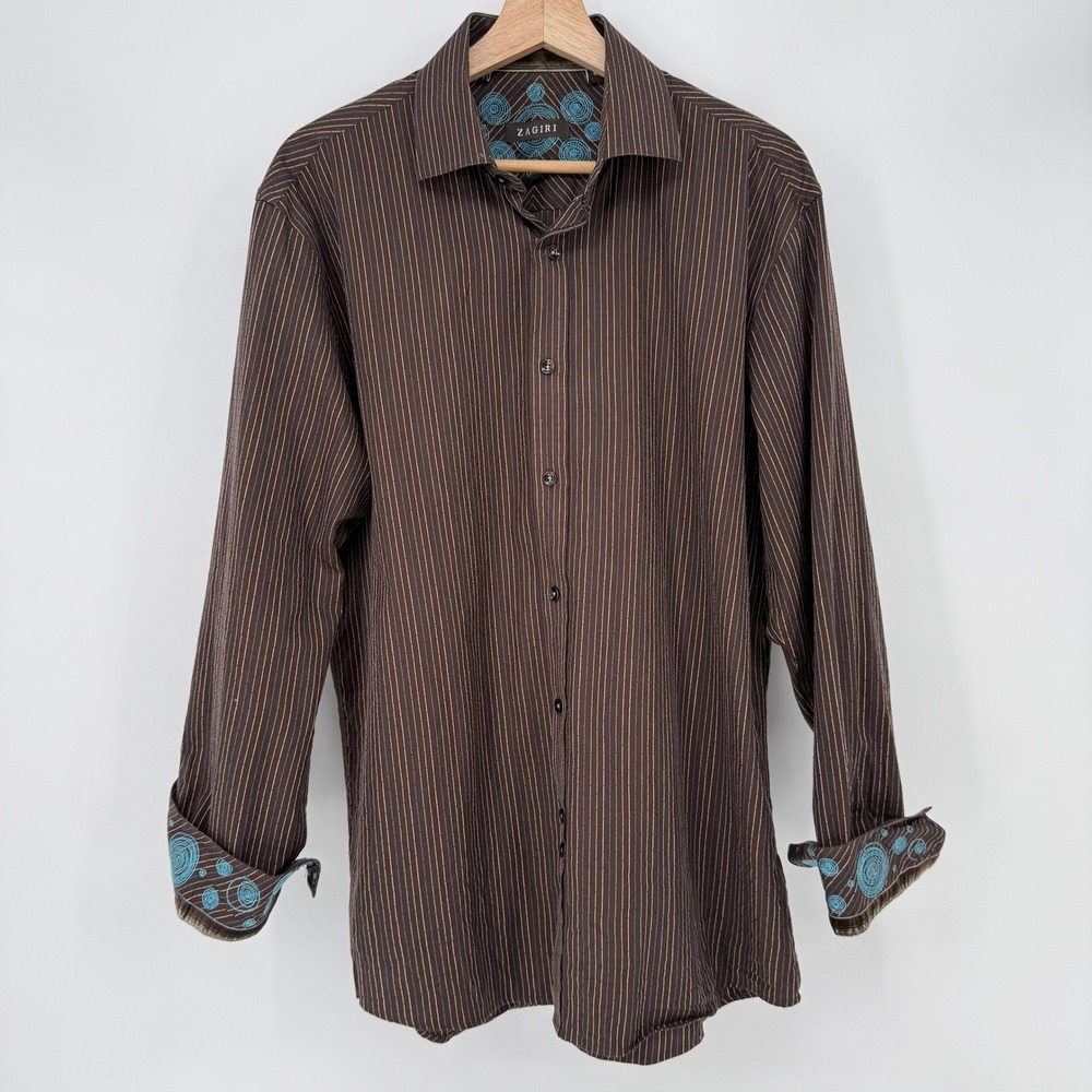 Zagiri Button Down Shirt Mens Medium Brown Striped Embroidered Cuffs Long Sleeve